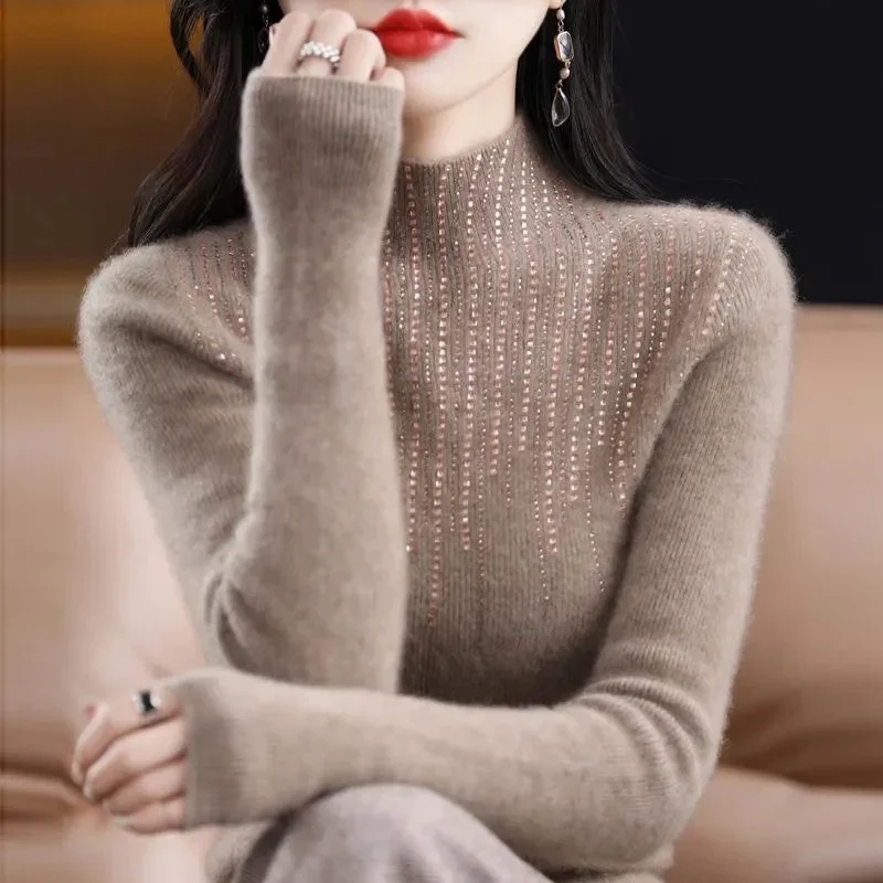 

Fashion Turtleneck Crystal Sweater Women 2024 All Match Long Sleeve Knitwear Woman Korean Solid Knitted Pullover Ladies