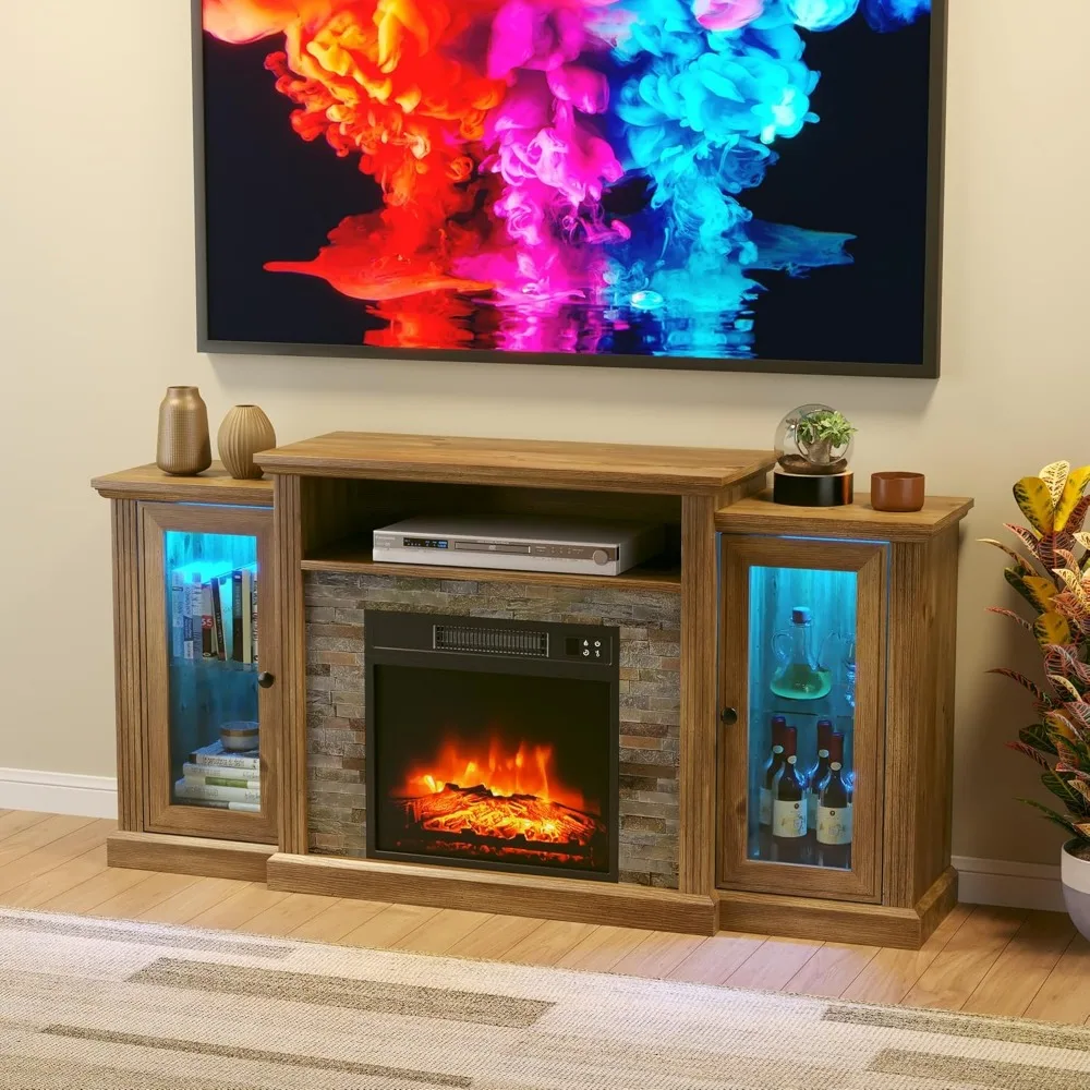 حامل تلفزيون مدفأة لتلفزيون 65 بوصة، مركز ترفيه مع مدفأة كهربائية 18 بوصة وأضواء LED، وحدة تحكم الوسائط الحديثة مع