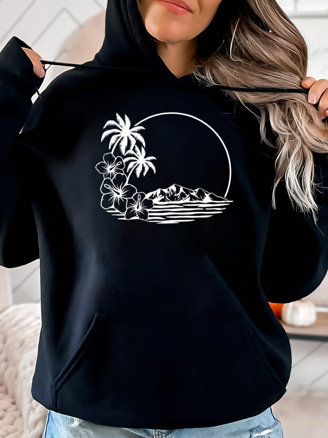 

Толстовка с принтом тропической пальмы и горы, летняя женская повседневная одежда, черный, больших размеров