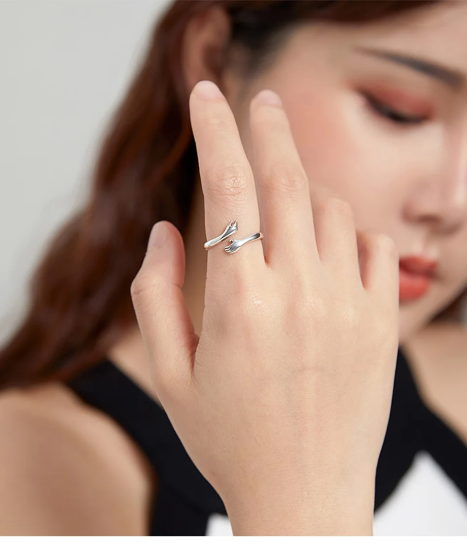 BAMOER 925 Sterling Silver Hug Open Ring Warm Love Hand Adjustable Glossy Ring for Women, His Big Loving Family Party Gift