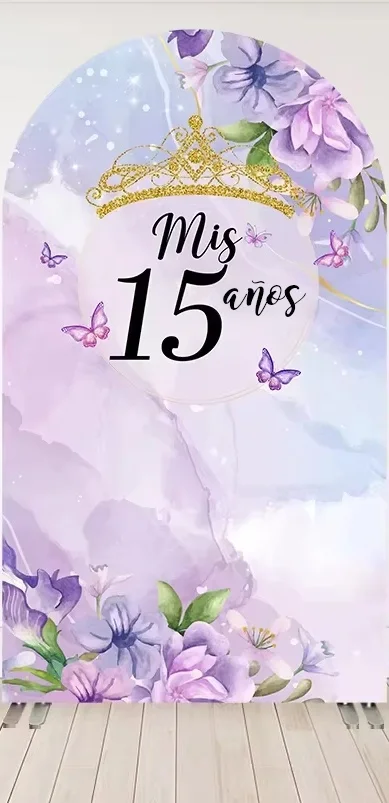 Mehofond الأميرة 15th عيد ميلاد قوس خلفية Quinceañera فستان أرجواني خلفية الظل زهرة فراشة ديكور صور الدعامة