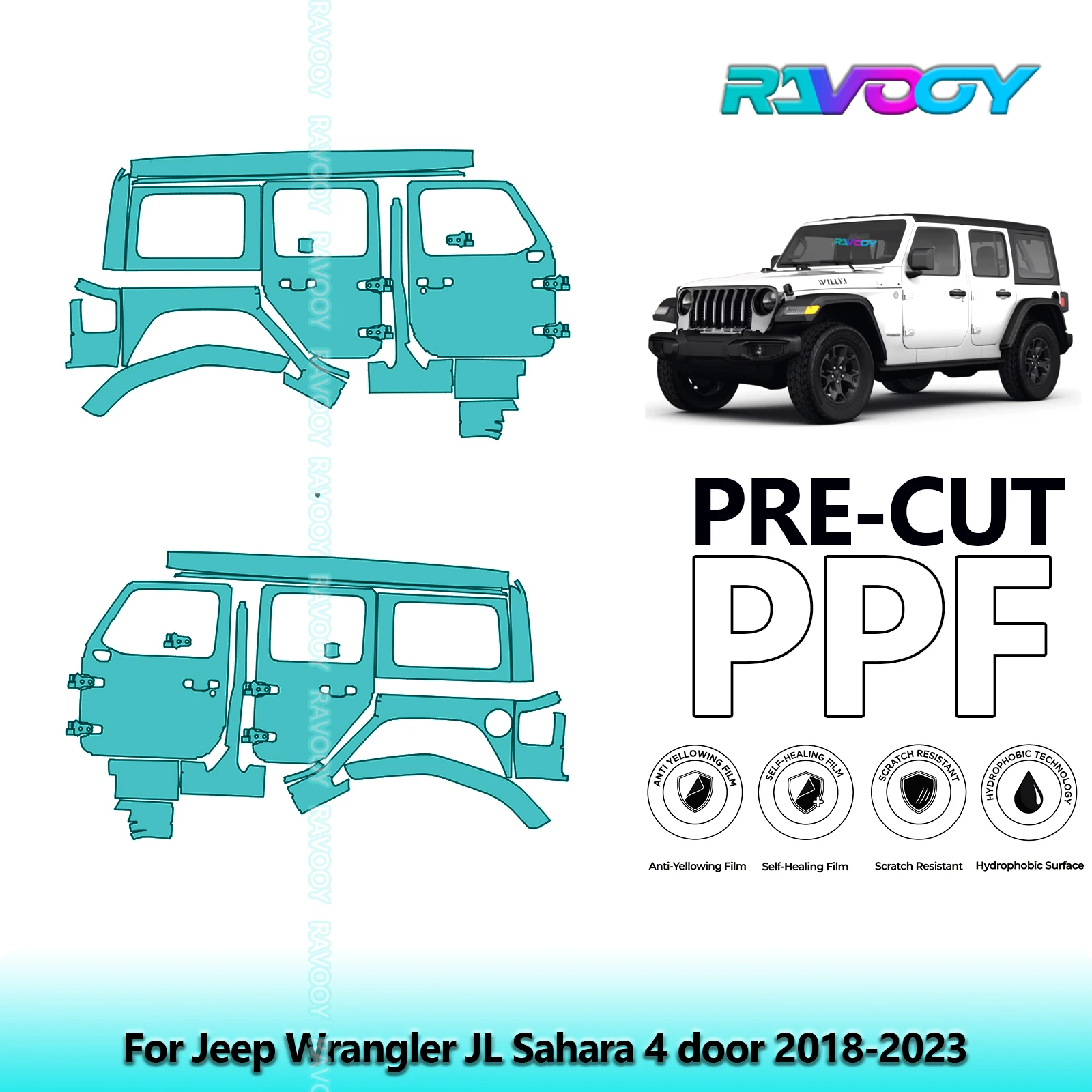

For Jeep Wrangler JL Sahara 4 door 2018-2023 8.5mil Clear Matte Pre-Cut PPF Door & A/B Pillar Kit TPU Paint Protection Film Set