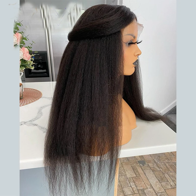 Yaki Soft 26Inch 180Density Black Kinky Straight Lace Front Wig For Women BabyHair Heat Resistant Preplucked Glueless Synthetic