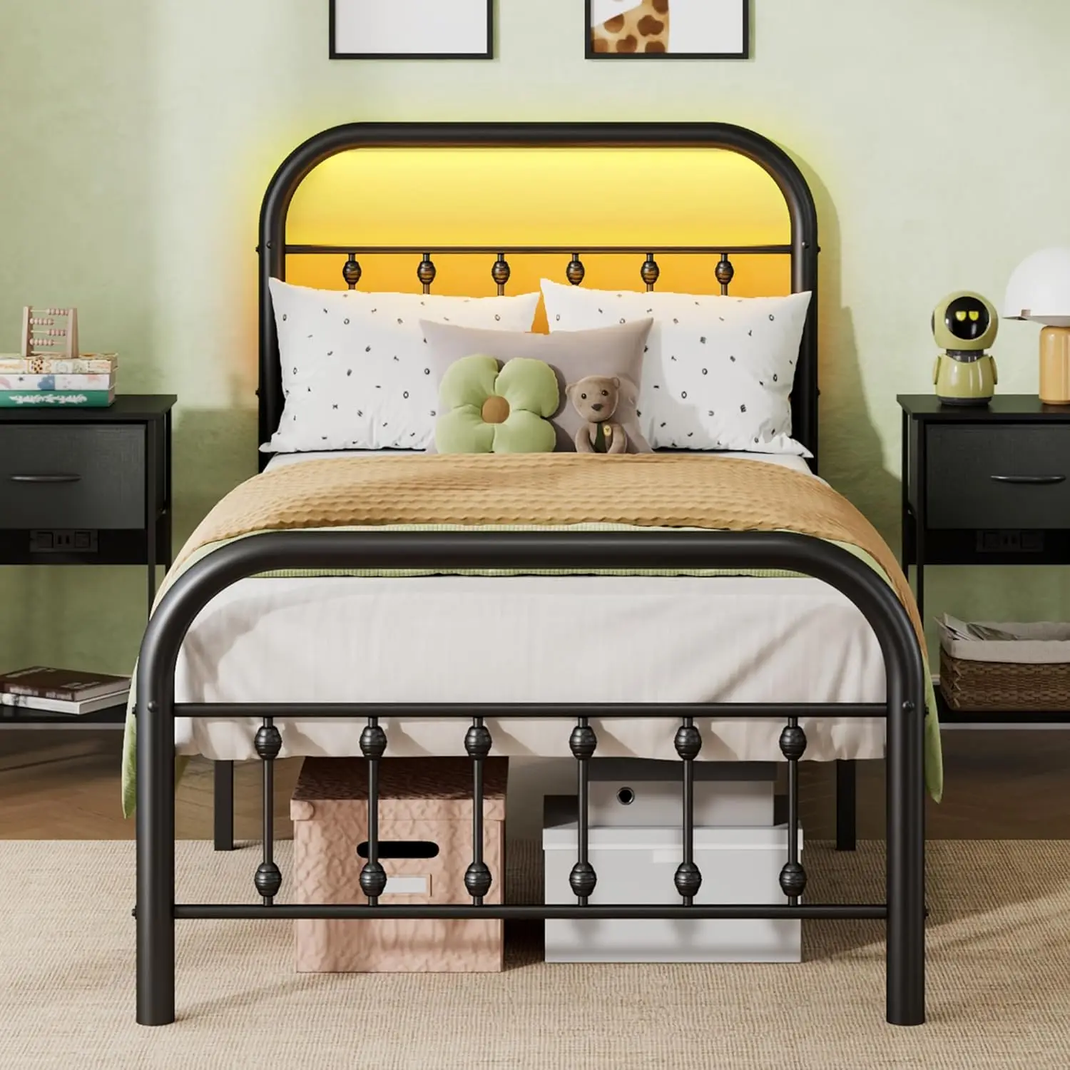 

Металлическая кровать-платформа с двойной светодиодной подсветкой, зарядной станцией, изголовьем, грузоподъемностью 600 фунтов, местом для хранения под кроватью, без пружинного блока, на заказ