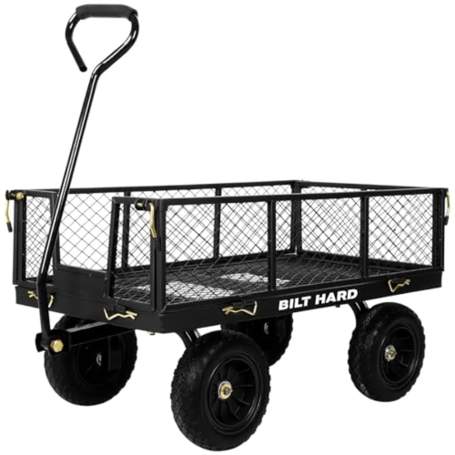 

Garden utility cart with 400 lbs capacity, 10 rubber tires, steel frame, black finish, 180 rotating handle and removable sides