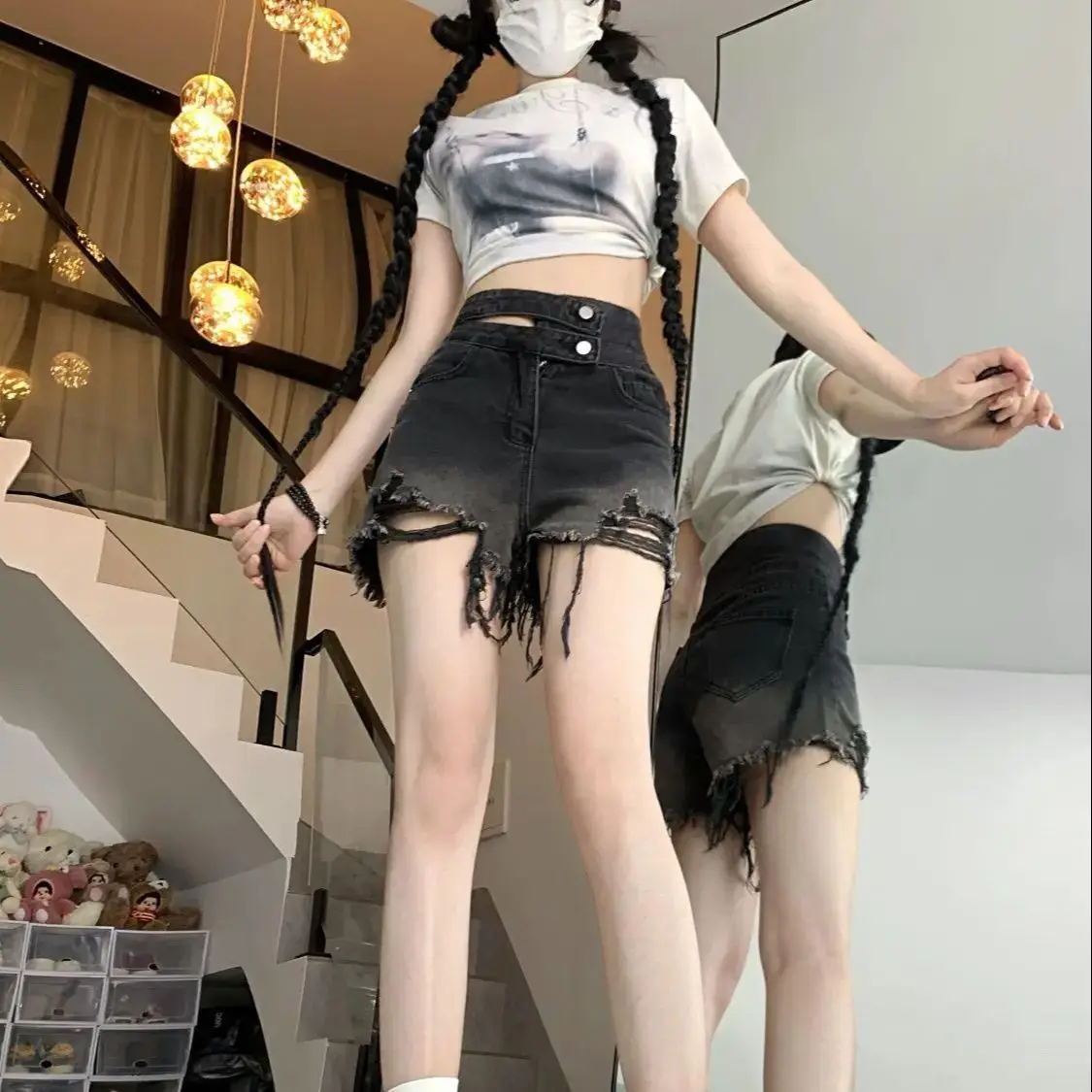 American Hot Girl Style Gradient Color Jeans Women Summer New Loose Slim Wide-Leg Shorts High Waist Wash Old Pants