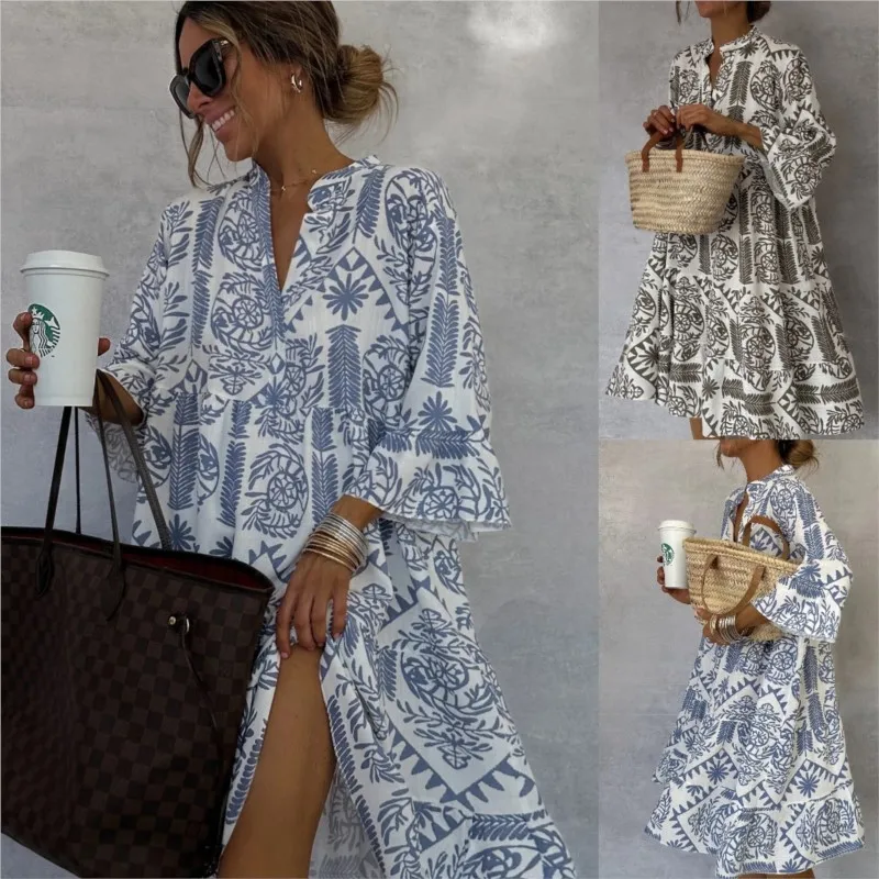 2024 New Dress Casual Elegant Printed Seven Quarter Sleeve Shirt Mid Skirt Women's V-neck Loose Waist Pullover A-line Skirt Y2k