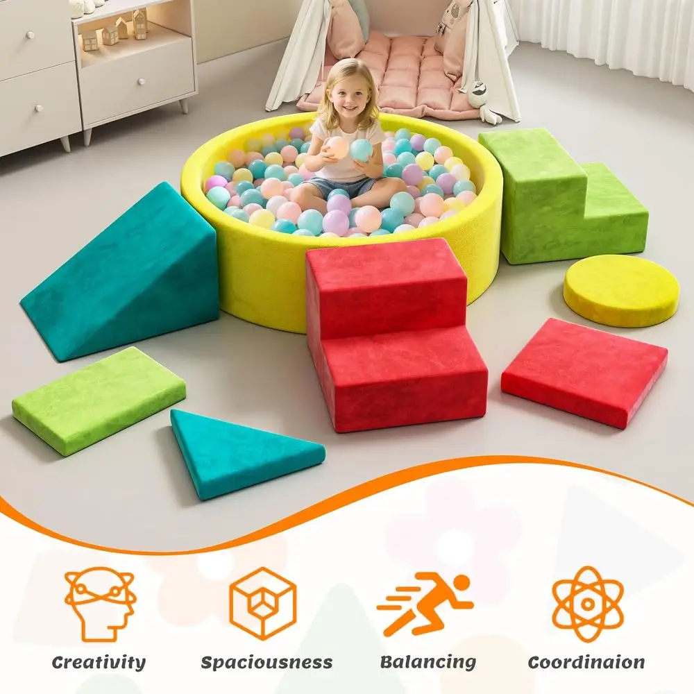 Juego de bloques de escalada de espuma para niños pequeños con pozo de bolas, juguetes de interior de juego suave de 8 piezas para edades de 1 a 3 años