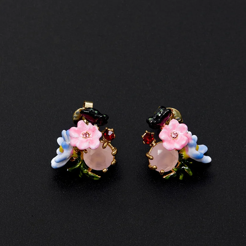 Sweat Monet Garden Black Butterfly Enamel Glaze Pink Drip Oil Blue Flower Stud Earrings Opal Pink Stone Jewelry For Woman 2024