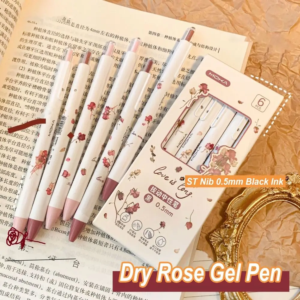 

6Pcs/Set Cartoon ST Nib Rose Press Gel Pen 0.5mm Black Ink Quick-drying Neutral Pens Smooth Writing Writing Stationery Student