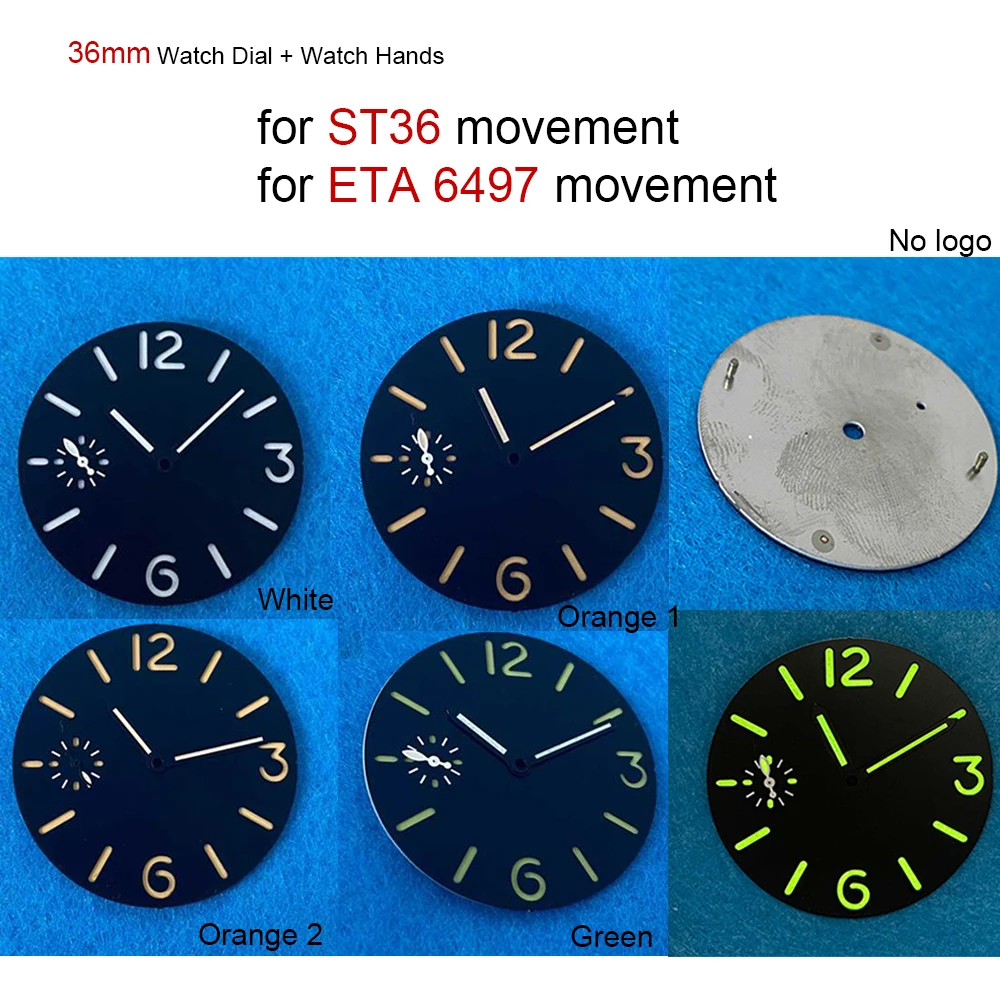 

Циферблат и стрелки для часов ETA 6497, 36 мм, зеленые светящиеся часы с изменяемой частью для движения ST36