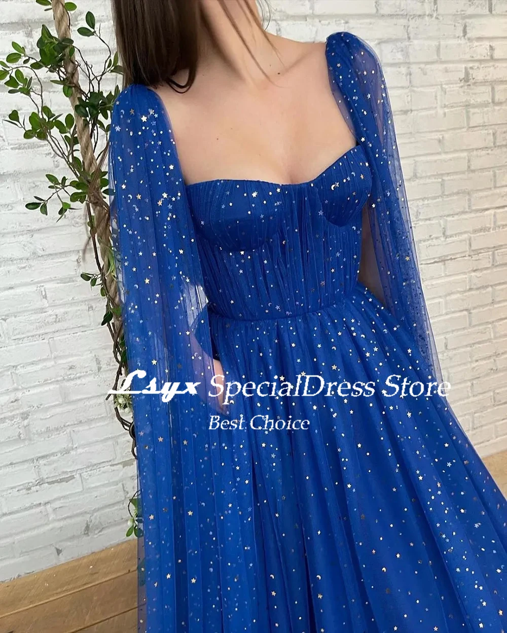 Spaghetti Straps Cape Sleeves Evening Dresses 2024 Moon Star Print Tulle A-Line Floor Length Prom Dresses vestidos de gala mujer