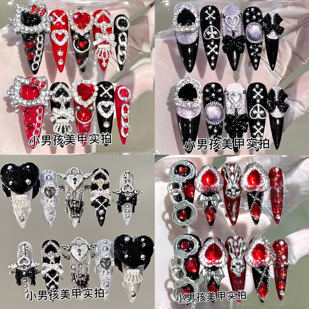 

10Pcs Hello Kitty Y2K Handmade Press On Nails Punk Gothic Stiletto Wearable False Nail 3D Heart Diamond Full Cover Nail Tips