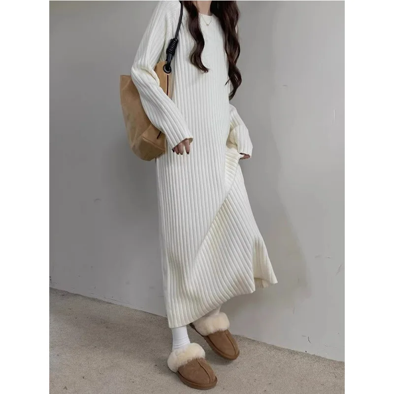 

Women's Knitting Dress 2025 Autumn Winter Inner Dress Lazy Style Long Sleeve Solid Color Loose Straight Knitting Dress