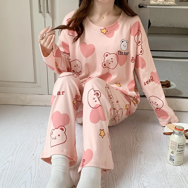 Bear Love Heart Women Pajamas Set Cute Kawaii Sleepwear Long Sleeves Long Pants Autumn Winter Pullover Pyjamas Ladies Pijamas