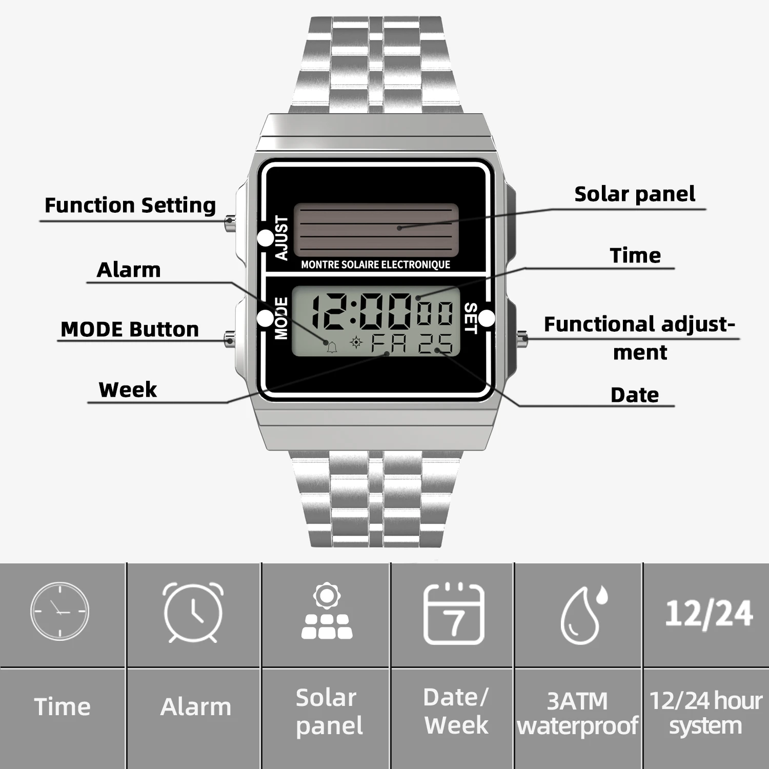 Jinrong 0732 ساعات إلكترونية رقمية للشحن بالطاقة الشمسية للرجال عمر البطارية 720 يومًا فوق مقاومة للماء 3Bar Reloj Hombre