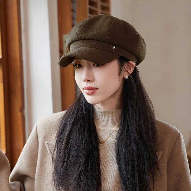 Autumn and winter new women\'s hats Advanced sense of octagonal hat thickened newsboy cap padded warm brim beret