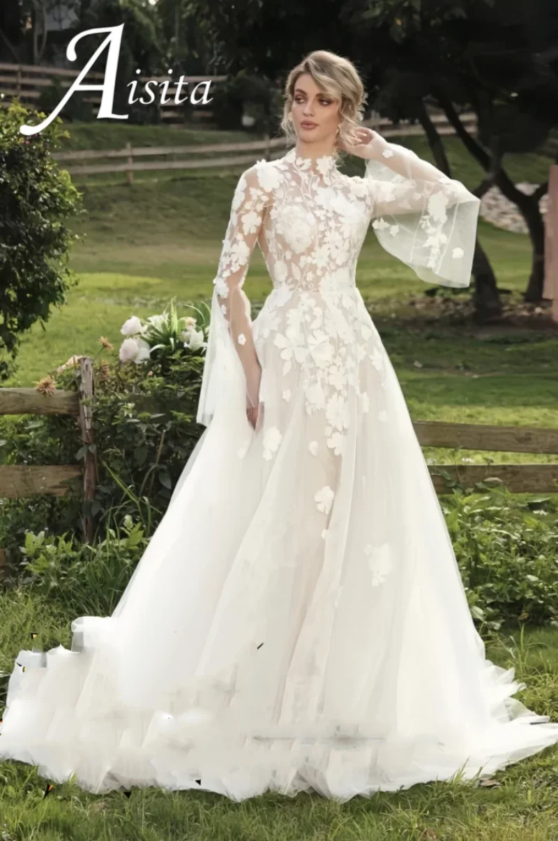 Customized A-Line High Neck Tulle Applique Bridal Gown Long Sleeves Wedding Dresses Floor Length Bride Dress Vestidos De Novia