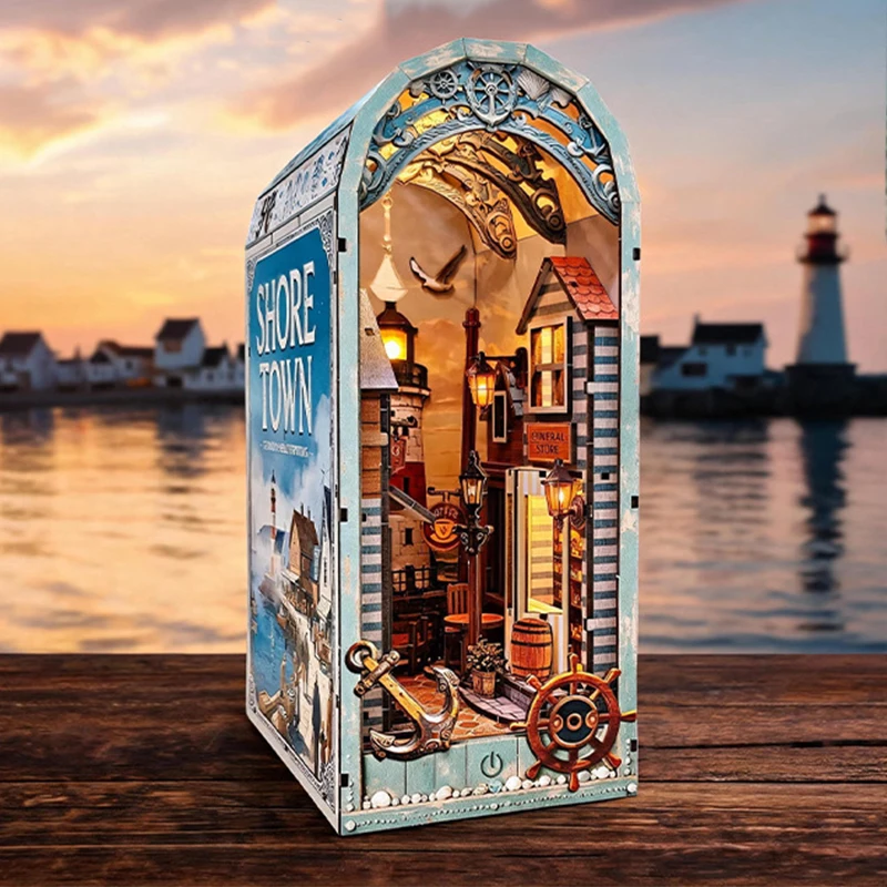 NEW DIY Book Nook Wooden Miniature Model Kits Shore Town House Bookend 3D Puzzle for Friends Birthday Gifts