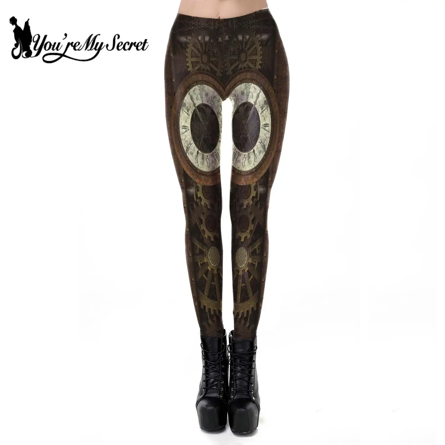 [Vous êtes Mon Secret] Leggings Femmes Vintage Engrenages Mécaniques 3D Imprimé Taille Médiale Femmes Pantalons De Fitness Sans Couture Noir Punk