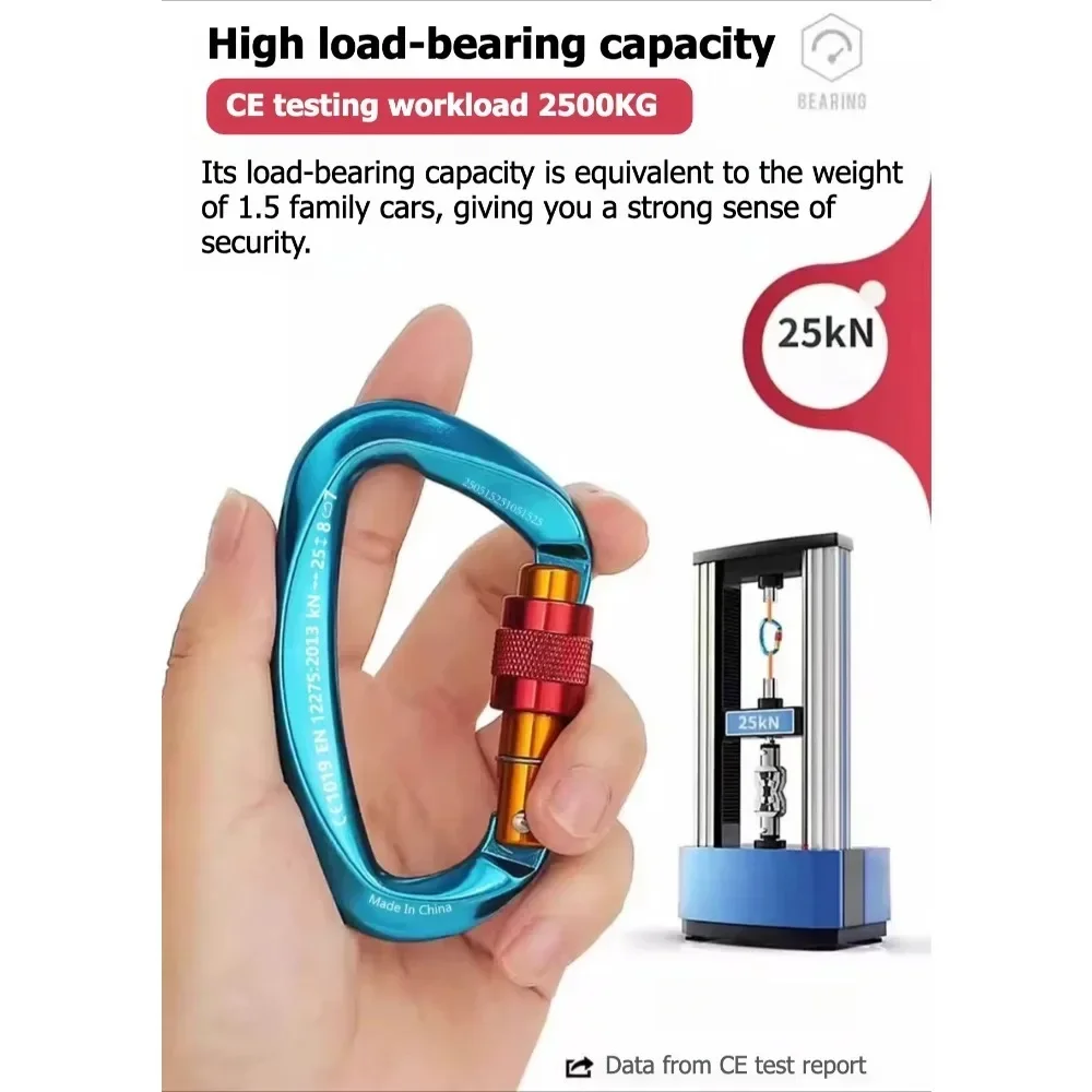 Outdoor Professional Rock Climbing Accessories Aluminum Carabiner 25kN Lock D-Shape Safety Buckle For Keys Tools Equipment