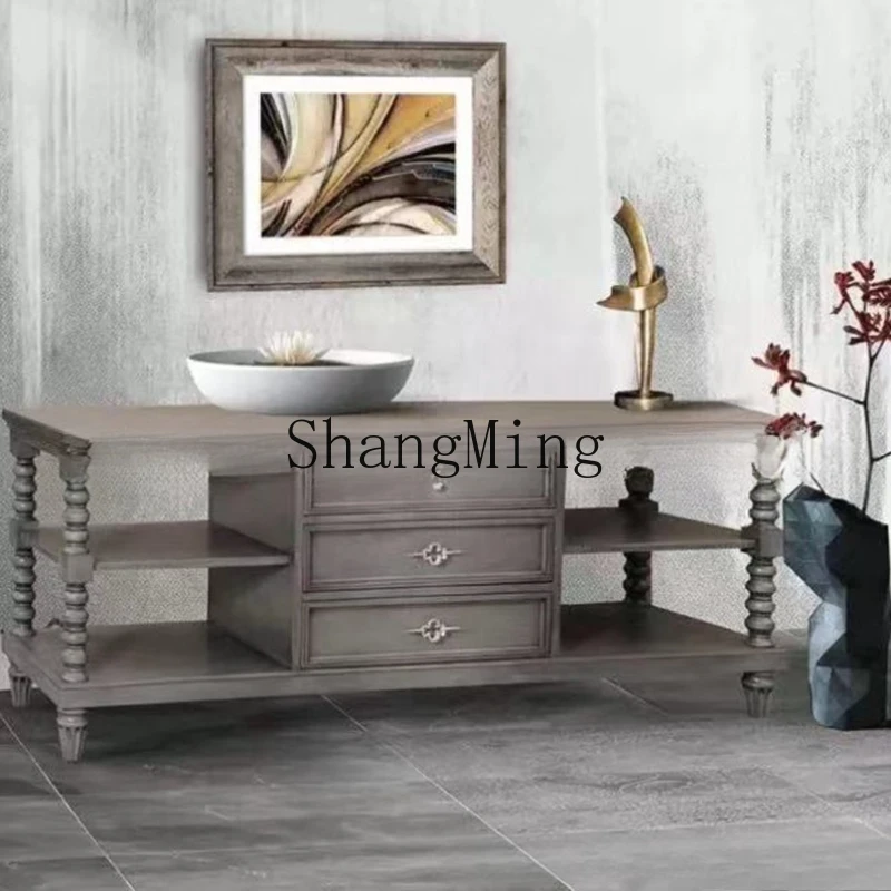 

ZYY household solid wood TV cabinet gray old living room audio-visual storage cabinet