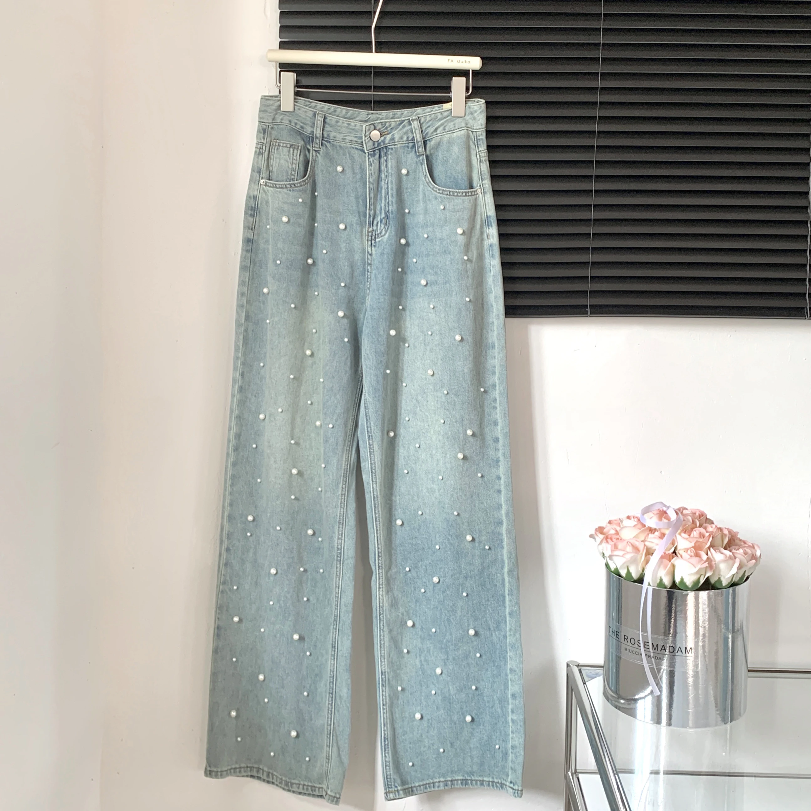 

Весенне-осенние джинсы High Street с бисером для женщин, джинсовые брюки с высокой талией, синий жемчуг, широкие брюки, модные свободные потертые брюки