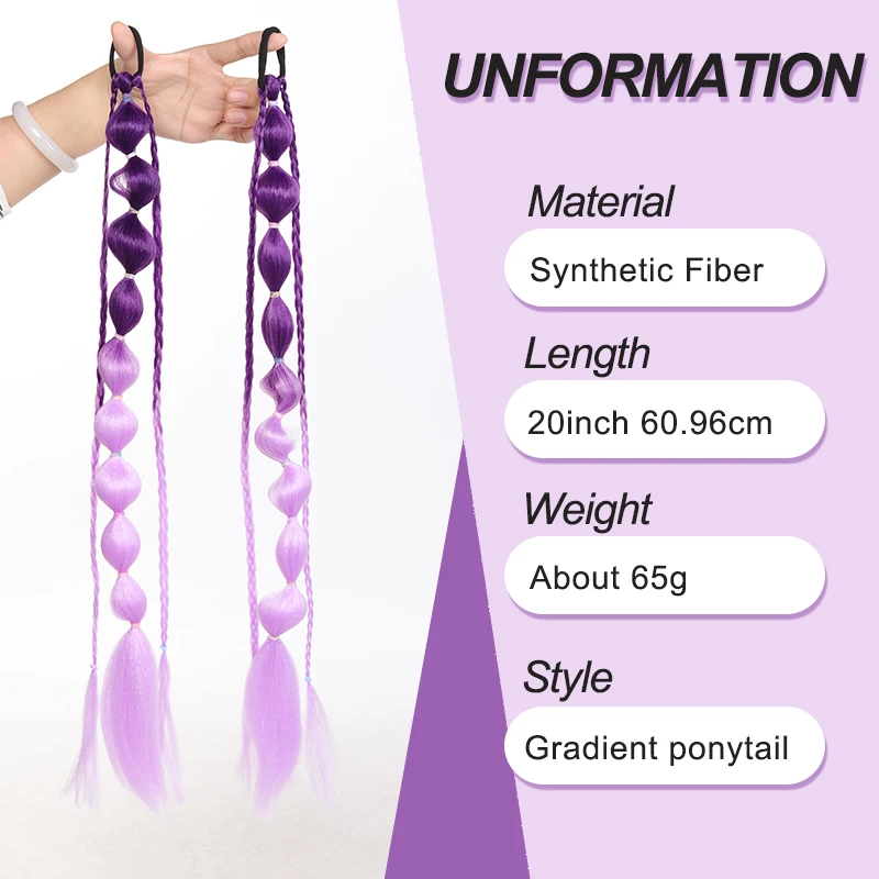 2 Pieces of 24 Inch Long Gradient Bubble Braided Ponytail Handmade Synthetic Ponytail for Daily Party Decoration