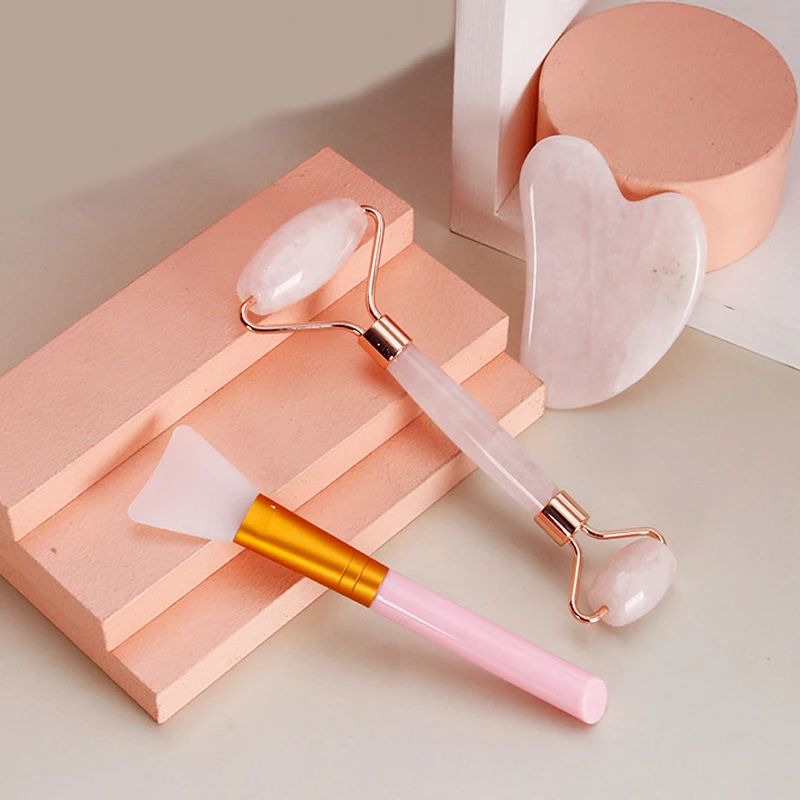Natuursteen Rozenkwarts Roller Facial Jade Roller Gua Sha Schraper Masker Borstel Set Face Lift Massager Body Guasha Huidverzorging Tool