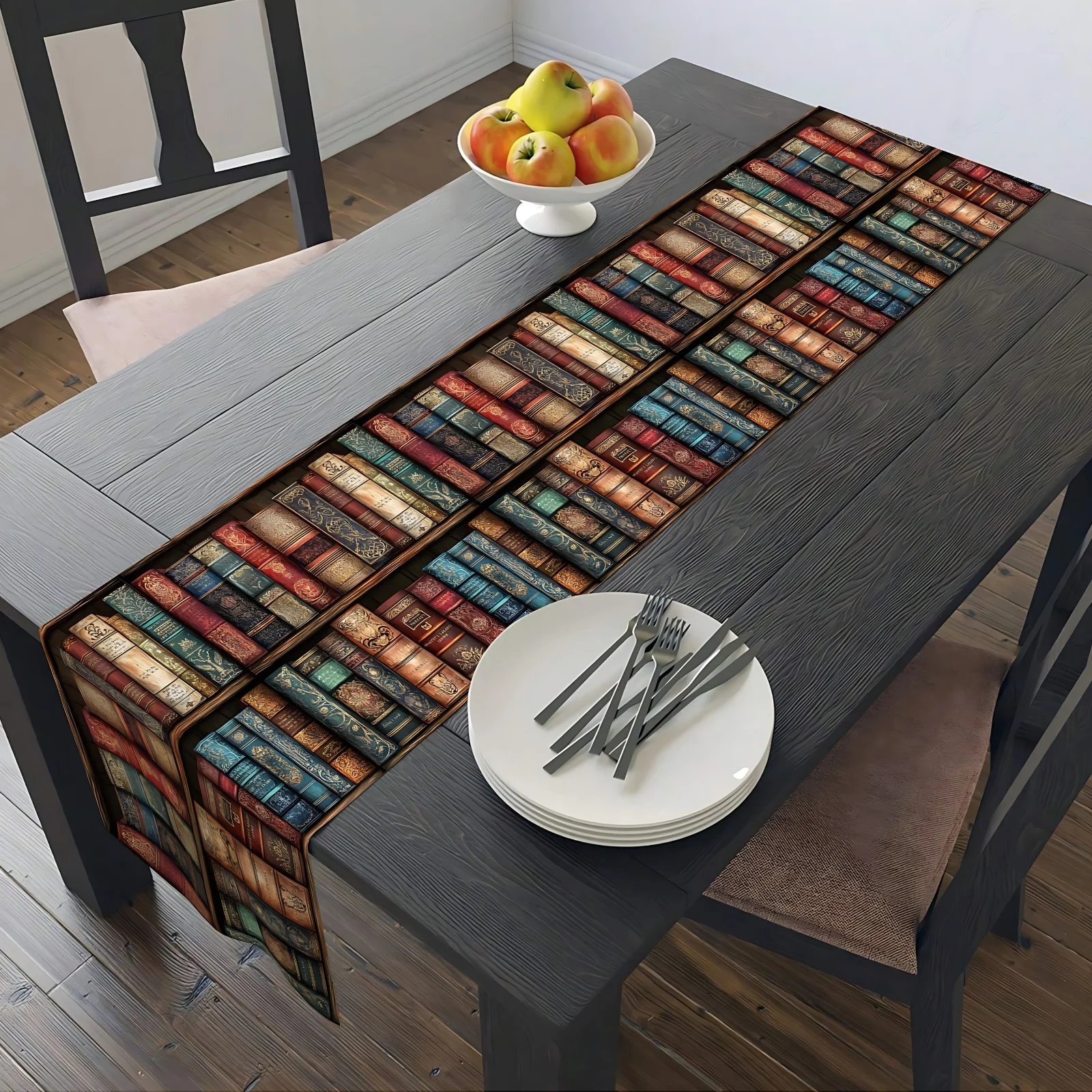 1pc World Book Day Vintage Bookshelf Table Runner, Linen 2D Print, Antique Book Table Decor for Dining Room & Kitchen, Library H