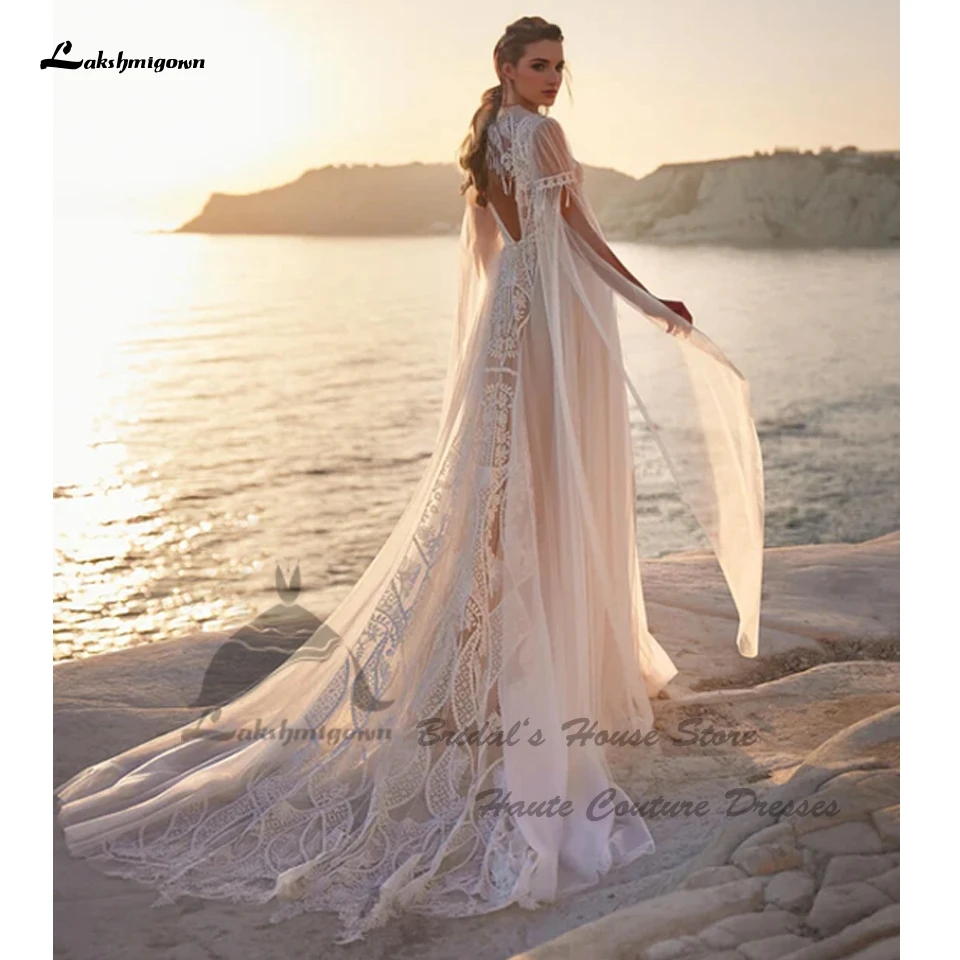Lakshmigown Luxuriöse Spitzen-Boho-Hochzeitskleider 2026 Vestidos Civil Flare Langarm Strand-Brautkleider mit tiefem V-Ausschnitt, maßgeschneidert – Detail 5