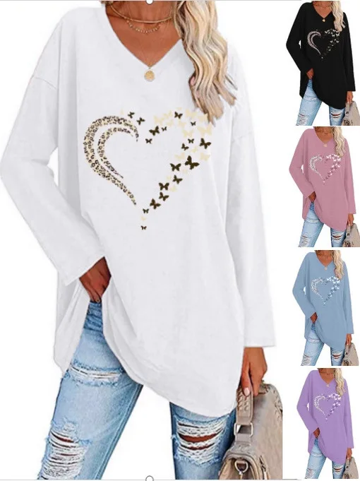 Cseta Hoada Informal de Manga Larga para Mujer, Otoño Invierno, Moda, Cuello en V, Estampado de Corazón, Talla ande, R...