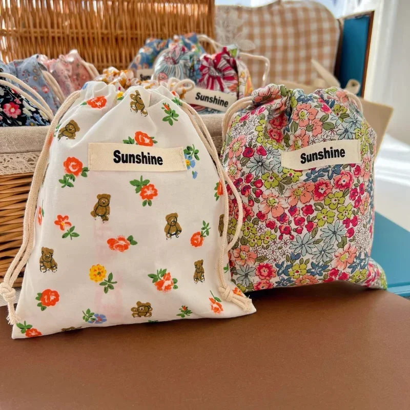 Printed Flower Mommy Bag Baby Diaper Bag Cotton Nappy String Pocket Stroller Carry Pack Travel Outdoor Diaper Storage Bag