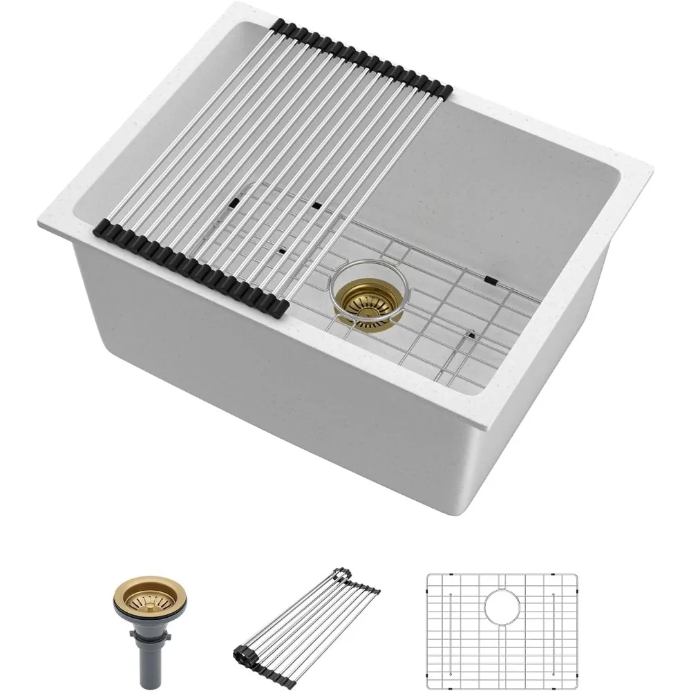 24 Inch Laundry Sink Undermount – 24 x 18 x 12 Inch Quartz Granite Composite White Utility Sink 12 Inch Granite Basin, Durable S