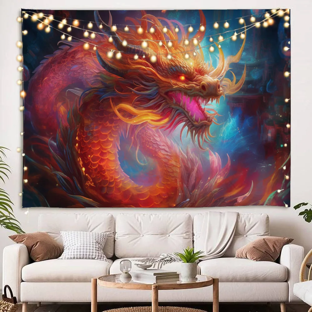 Golden Flame Dragon Tapestry Oriental Divine Dragon Avatar Hanging Cloth Party Decoration Home Bedroom Living Room Wall Hanging
