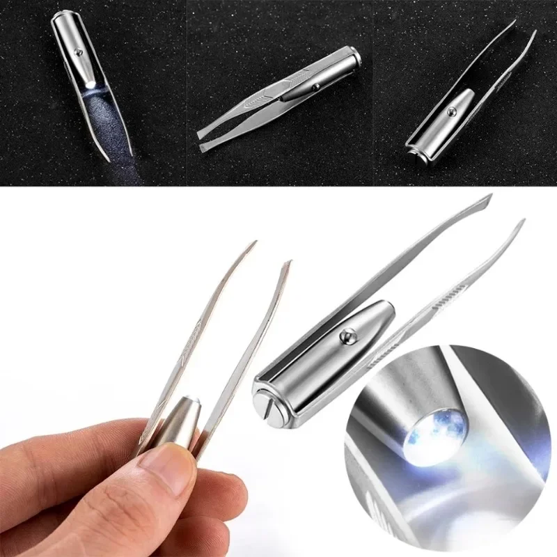 Professional Stainless Steel Makeup LED Light Slant Tip Hair Removal Eyelashes Eyebrow Tweezers Makeup Tool with Battery