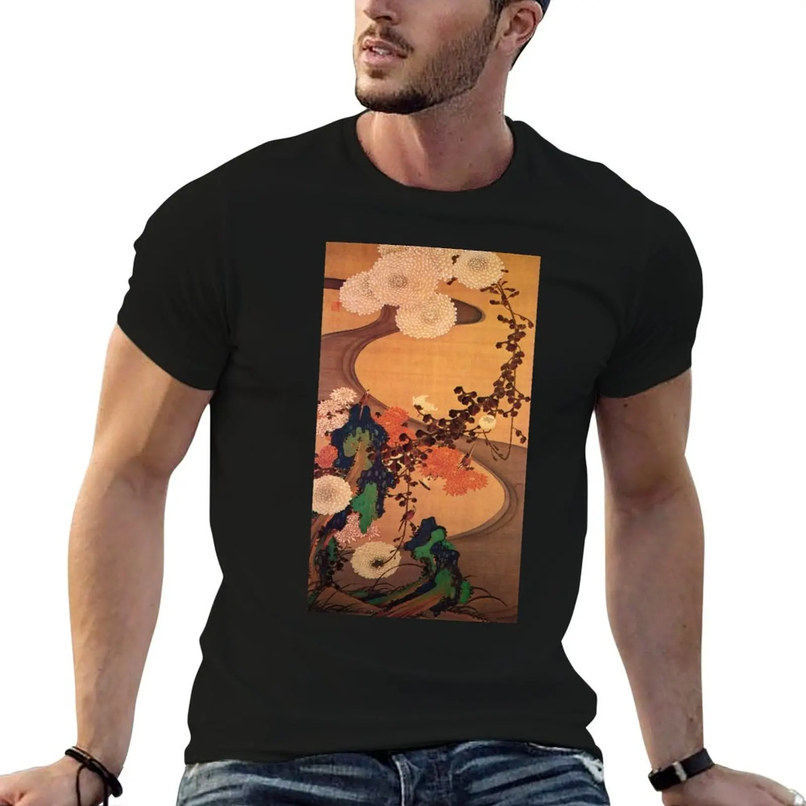 Ito Jakuchu Chrysanthemums by a Stream with Rocks T-Shirt Soft Anti-Shrink Cotton Tee