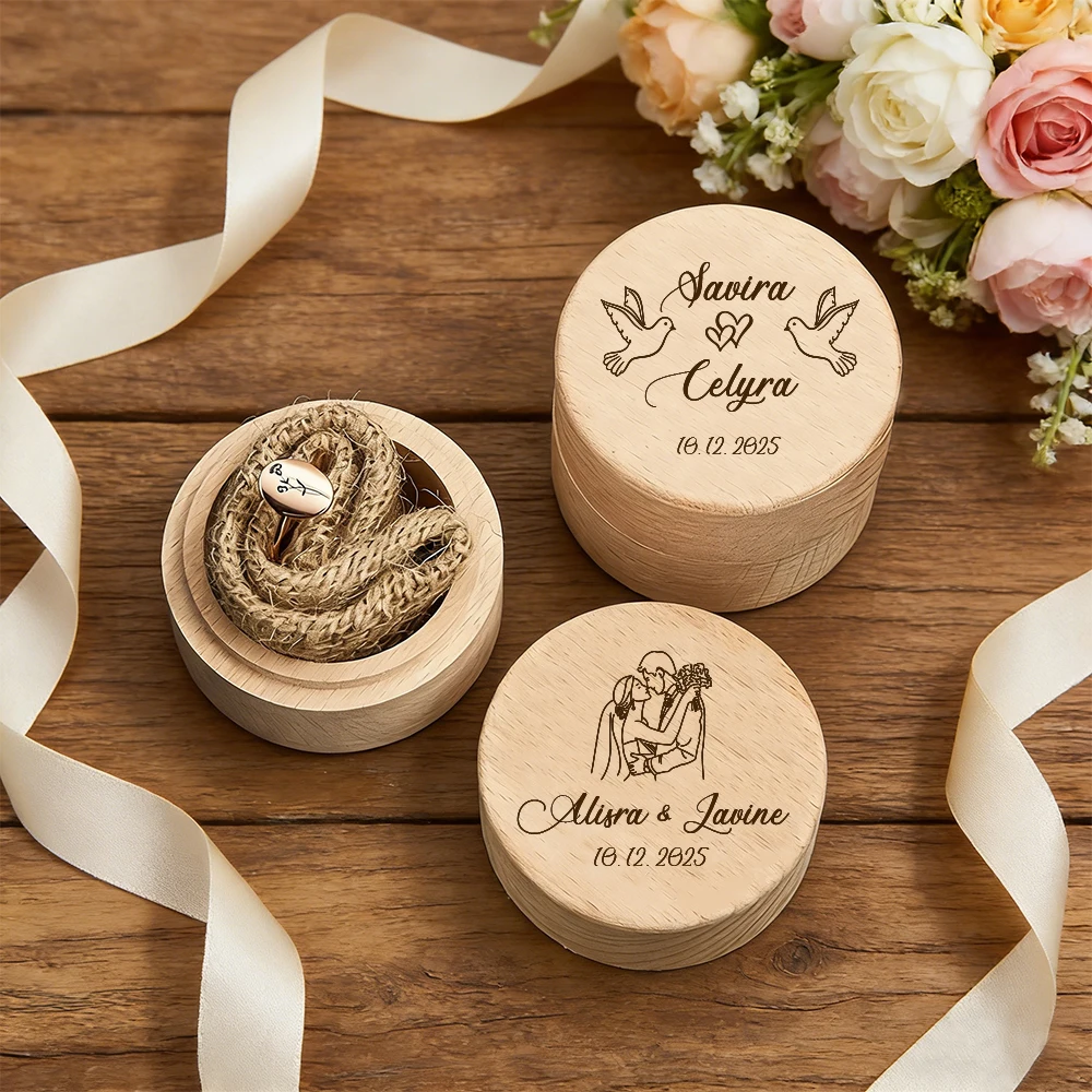 Personalized Wooden Wedding Ceremony Round Ring Box,Engraved Engagement Holder for Anniversary,Bridal Gift For Her,Mother's Day