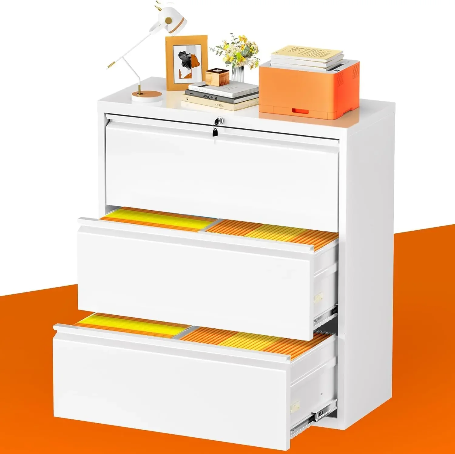 White File Cabinet 3 Drawer, Metal Lateral Filing Cabinet with Lock, Locking White Horizontal Cabinet with Adjustable Frame