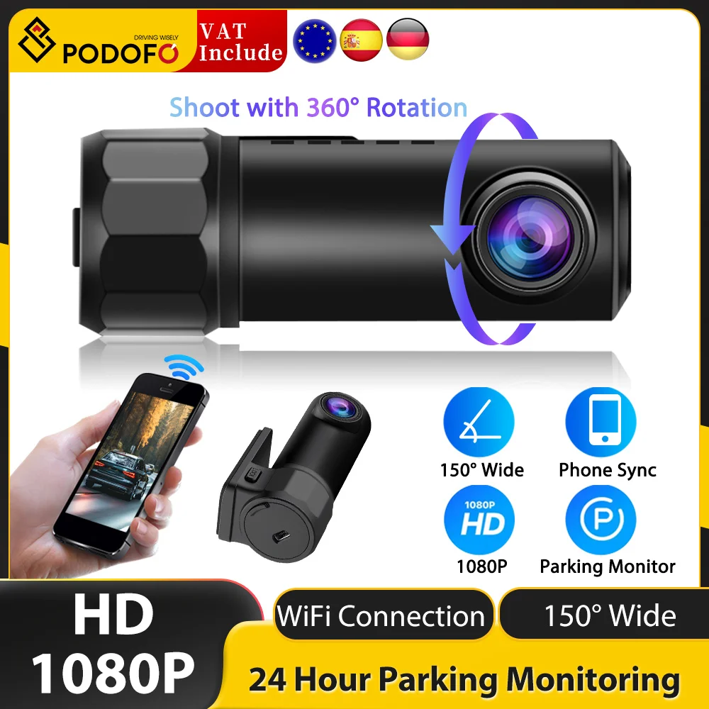 Podofo 1080P Full HD WiFi Dash Cam Car DVR Camera Video Recorder Auto Night Vision WDR Loop Recording 24H Parking Mode Dashcam