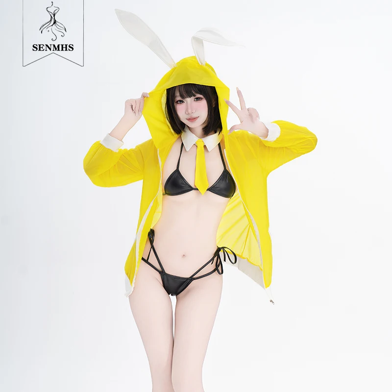 

SENMHS Original Sexy Bunny Bikini Hooded Coat Cosplay Cute and charming style PU Leather Three Point Lingerie Anime Halloween