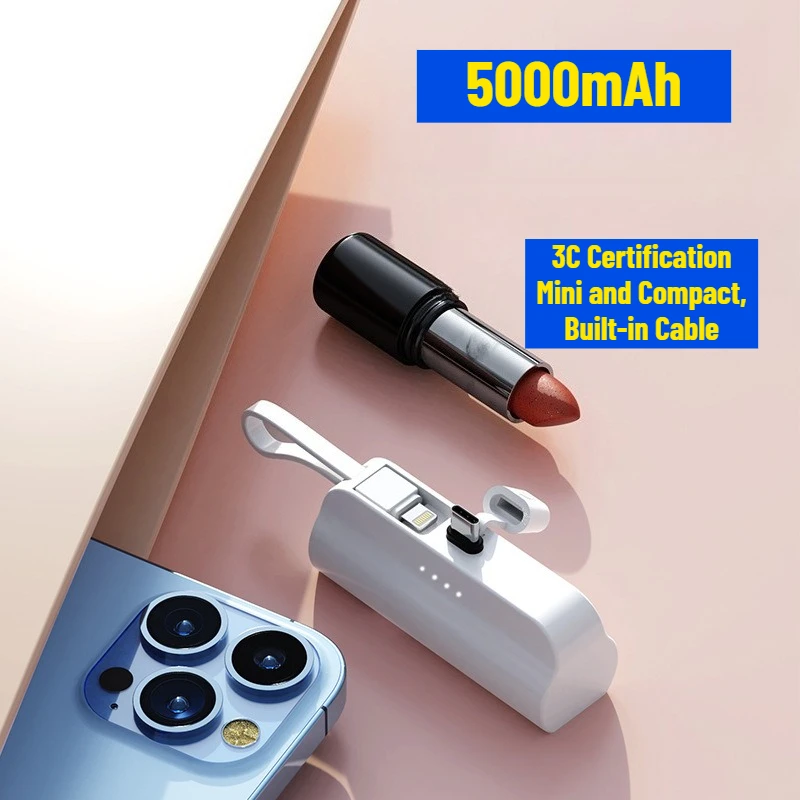 

Capsule-shaped 5000mAh Power Bank with 3C Certification Mini and Compact, Built-in Cable