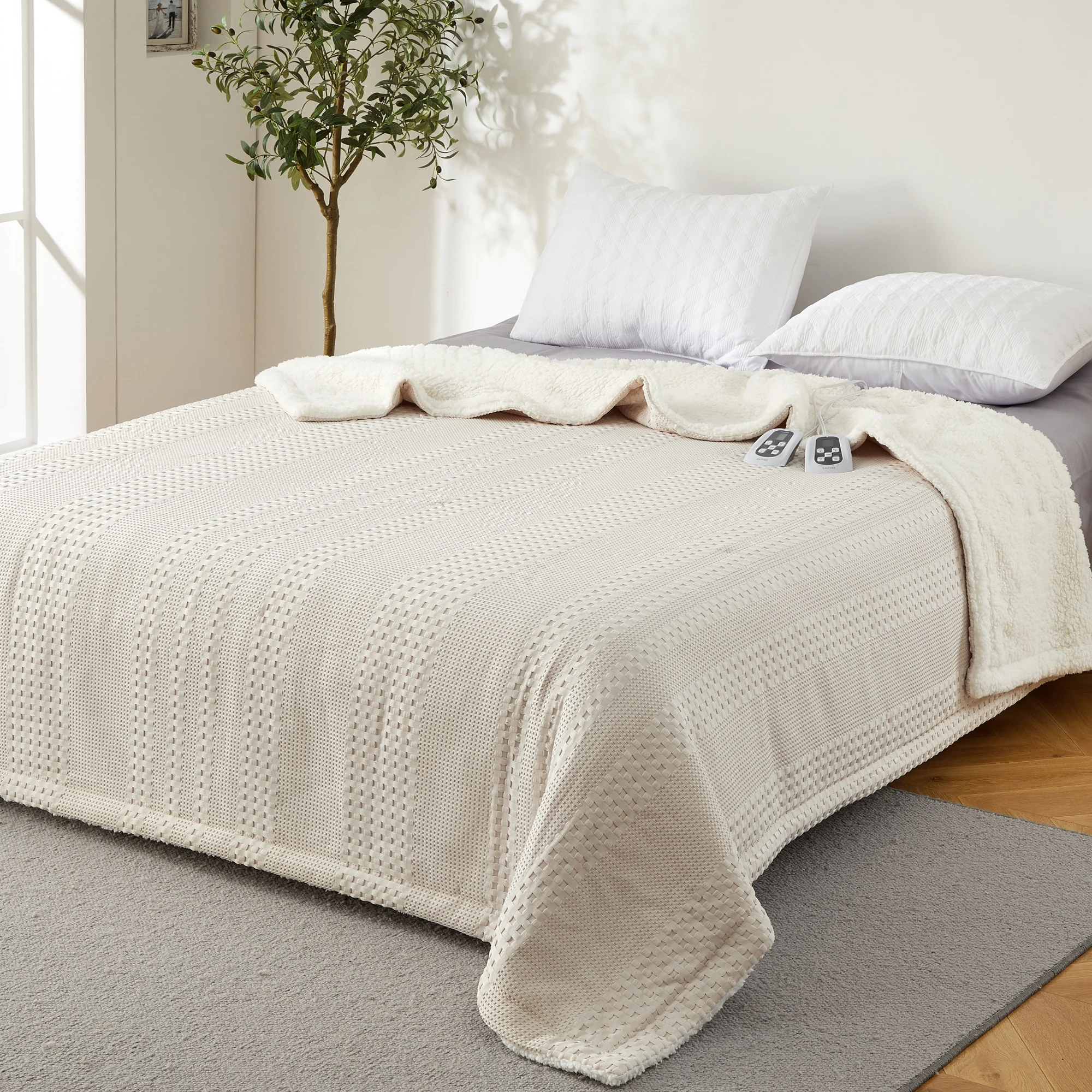 Queen Size Heated Blanket, Dual Control Electric Waffle Weave Sherpa Throw, 9 Heat Levels, 1-12H Timer, Machine Washable, Warm & Cozy for Bed, Couch, Sofa, Home, Office, 84x90 Inch