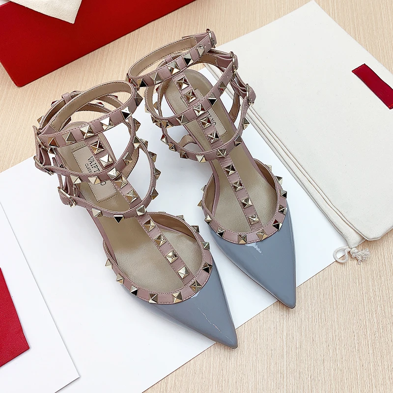 luxury women's sandals summer 2024 Gladiator Brand Rivet High Heels Ladies Shoes Pointed Toe Woman shoes heeled sandals Designer