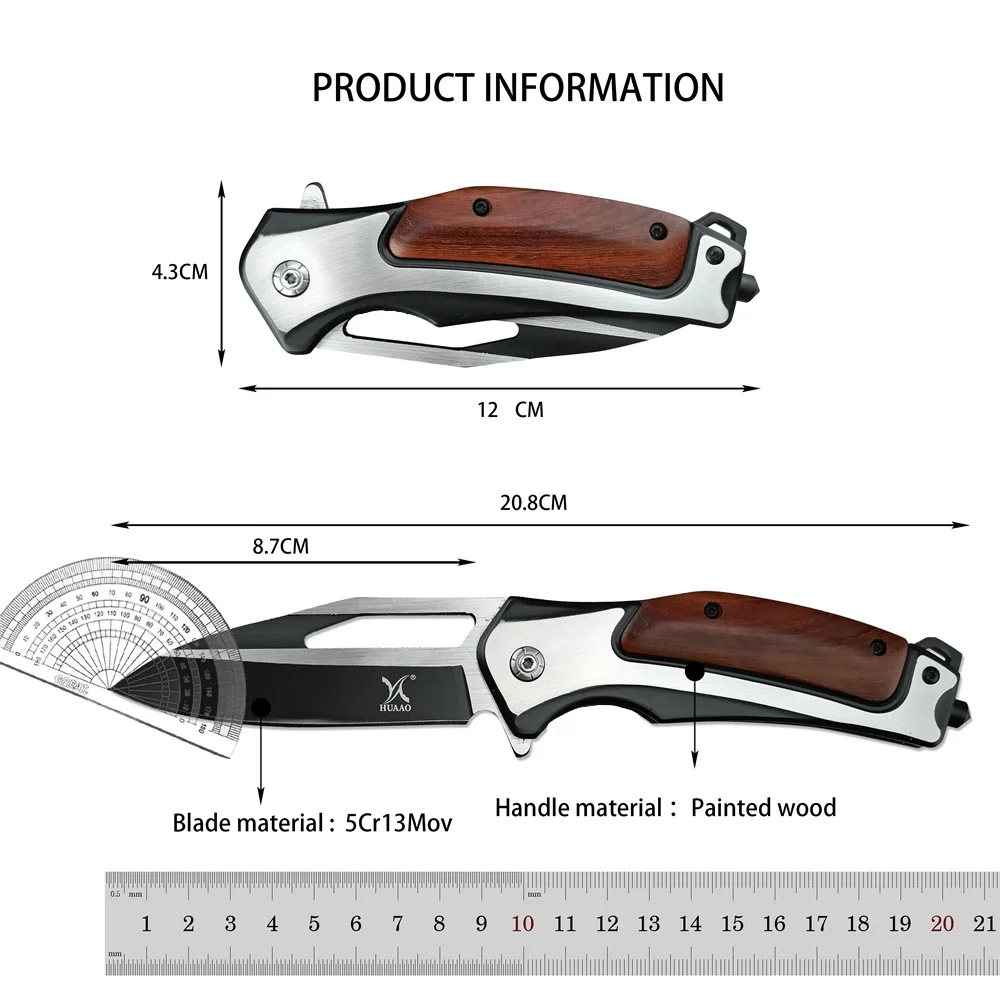 HUAAO DA130 Bearing Flipper Folding Pocket Knife 5Cr13Mov Blade Colored Wood Handle Camping Hunting EDC Tactical Knife Tool