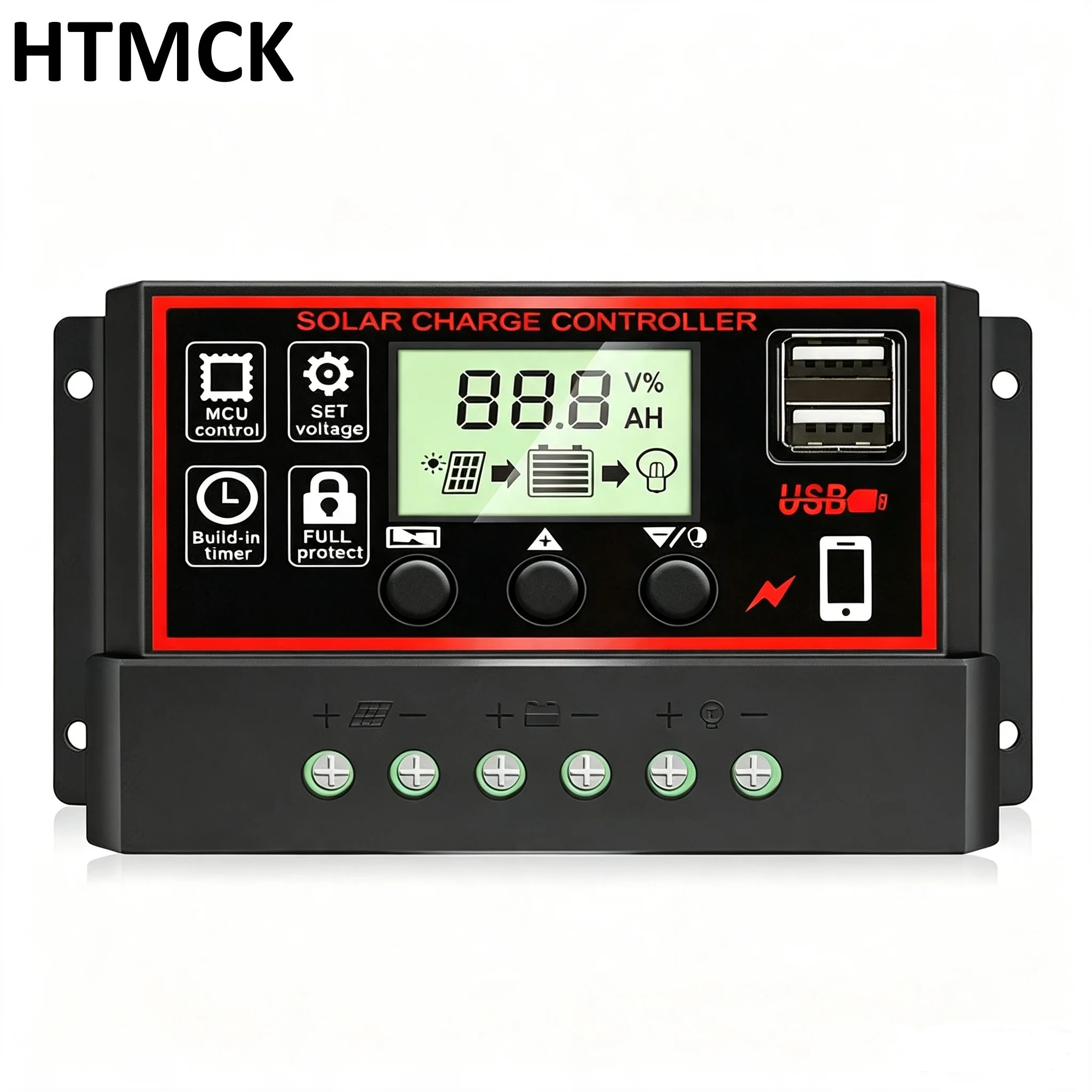 HTMCK Solar Controller 12V/24V 30A 100A with LCD Display Dual Output USB 5V Battery Charger Regulator for Solar Energy System