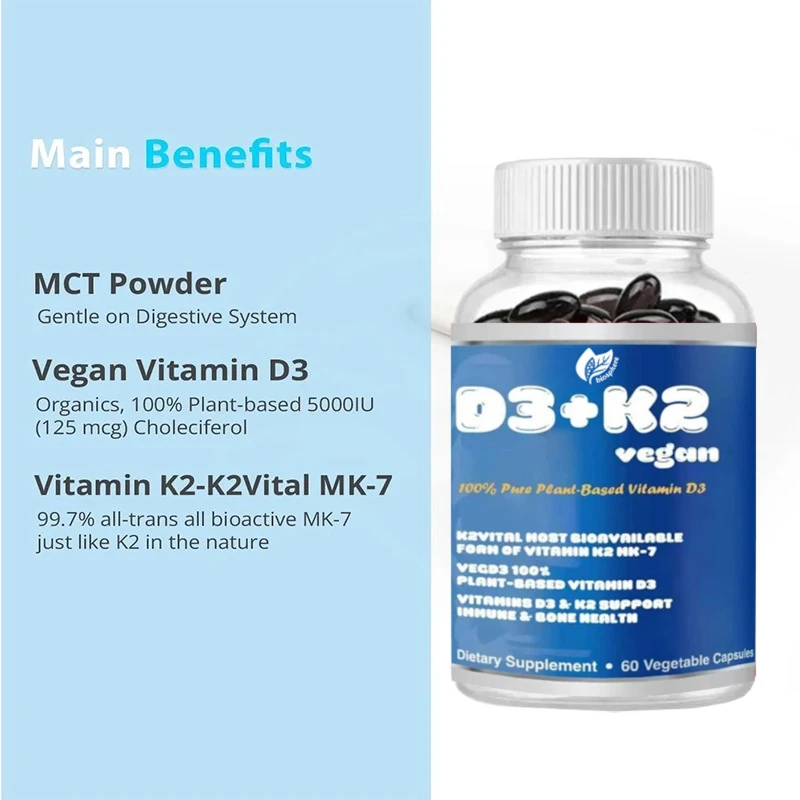 

Vitamin D3 K2 with MCT 60 Capsules Support for Strong Bones And Immune Health Nutritional Supplement