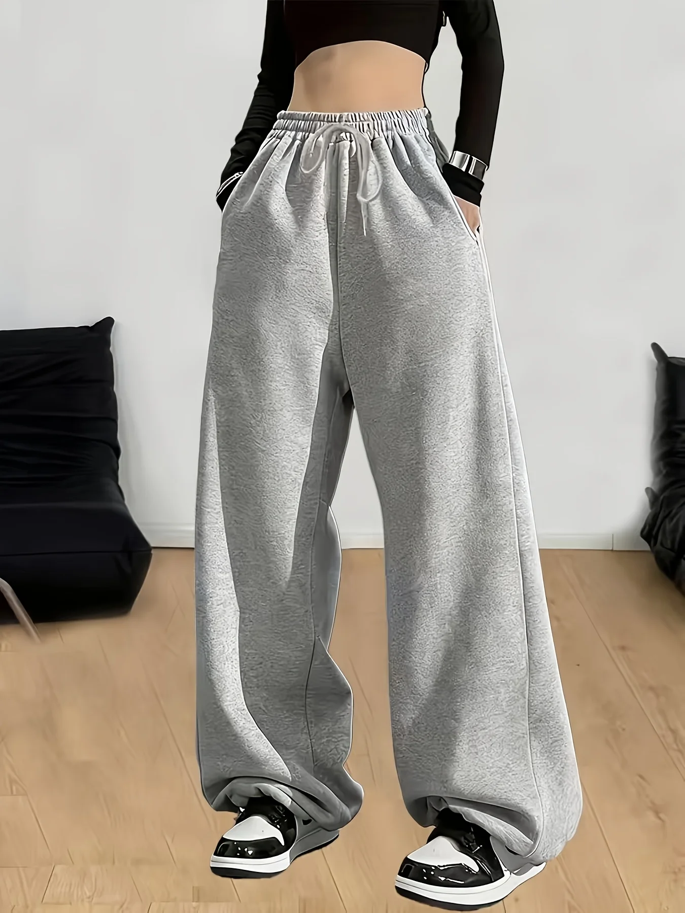 Women's High-Waisted Wide-Leg Trousers Solid Color Non-Stretch Pants Suitable for Outdoor Gym Casual Attire Machine Washable