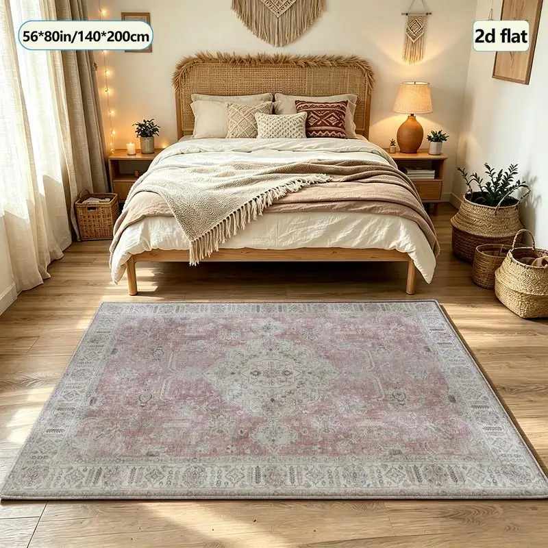 Pink Faded Oriental Medal Pattern Carpet Bohemian Style Square Carpet Non-Slip Decorative Floor Carpet Suitable for Living Room Bedroom