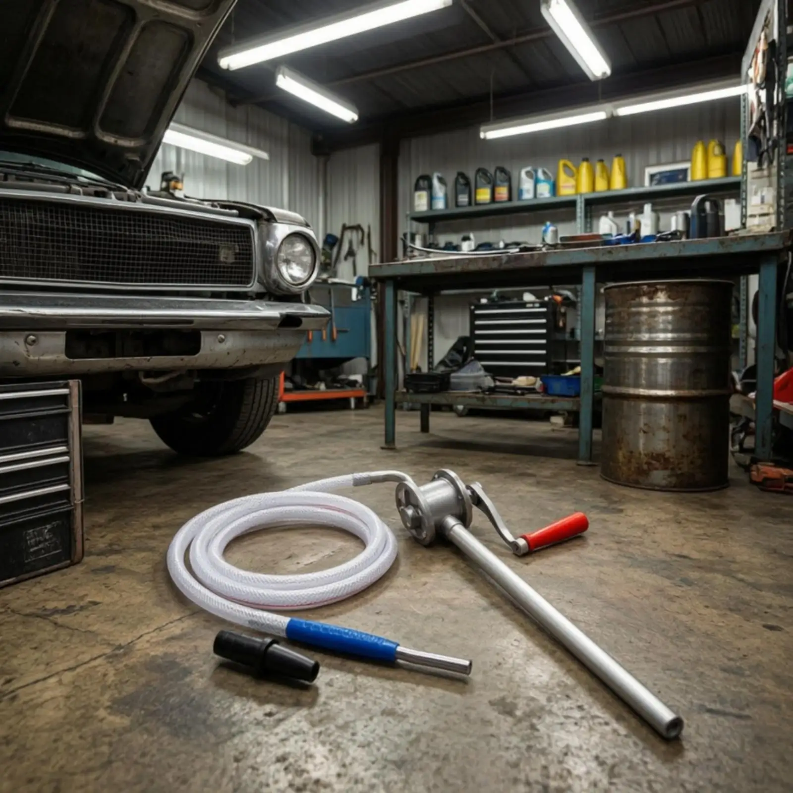 Rotary Oil Transfer Pump with Hose for Mechanics, DIYers, Garage, Workshop